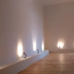 Wnętrze pokoju po remoncie z równo wyszpachlowanymi i pomalowanymi ścianami oświetlonymi przez rząd halogenowych lamp podłogowych na listwie przypodłogowej i parkietem na podłodze.