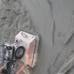 Szlifowanie świeżo nałożonego tynku na ścianie zewnętrznej budynku za pomocą elektrycznej szlifierki do tynków; widoczne ślady obróbki i fragment listwy tynkarskiej.