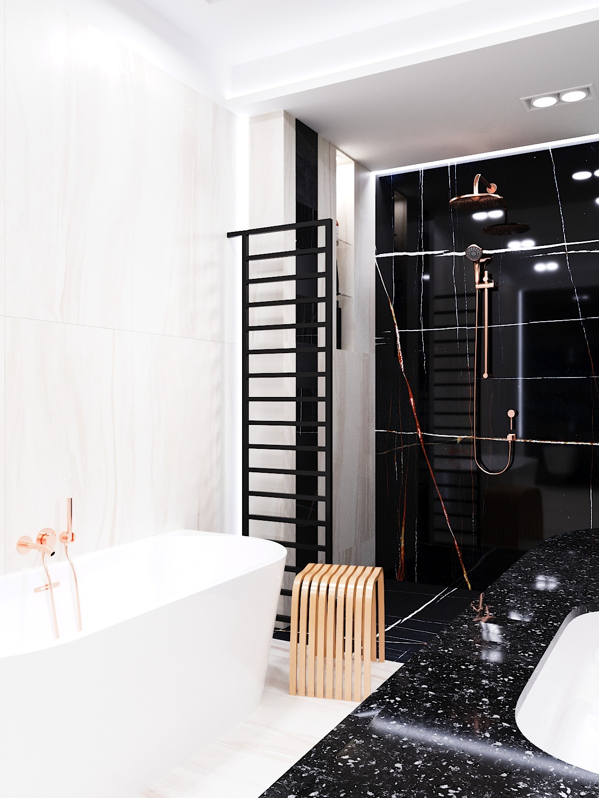 Nowoczesna łazienka z czarno-białymi marmurowymi ścianami, wolnostojącą wanną i armaturą w kolorze różowego złota, uzupełniona drewnianym taboretem i czarnym grzejnikiem drabinkowym.