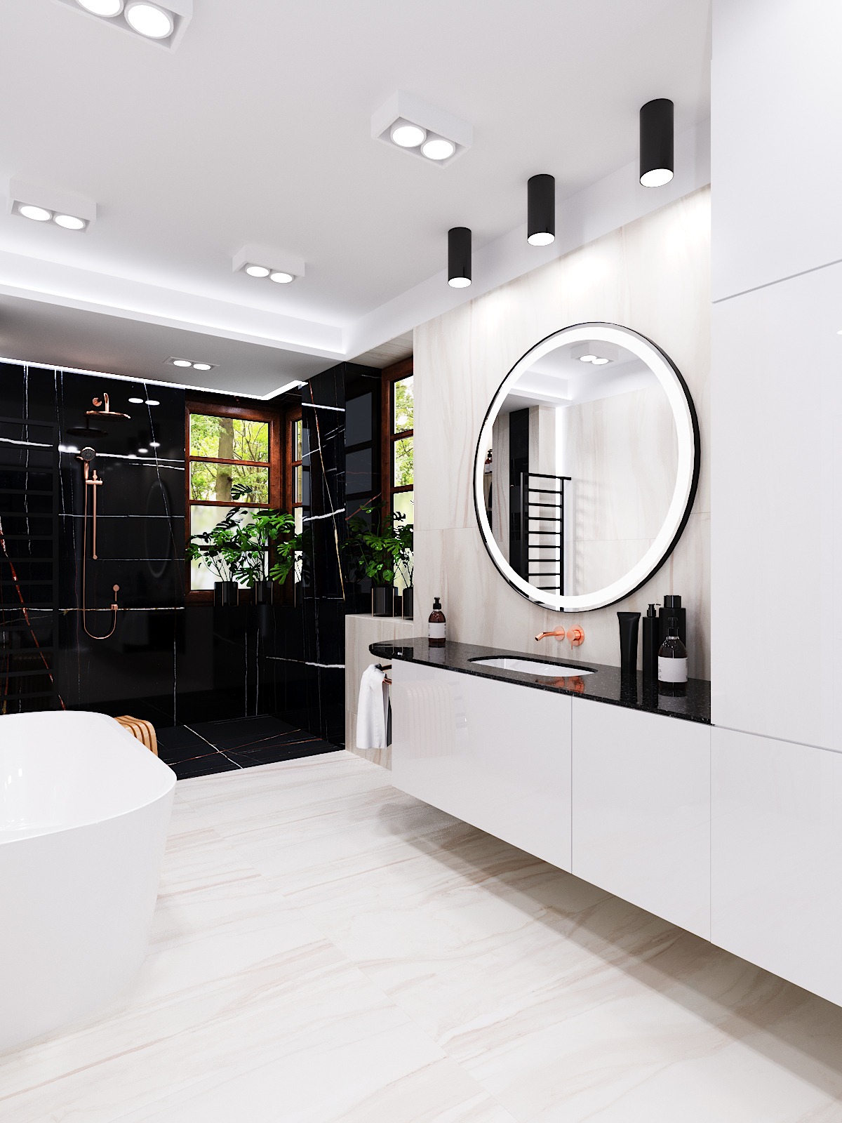Nowoczesna łazienka z czarnymi marmurowymi ścianami, białą wolnostojącą wanną i okrągłym lustrem z podświetleniem LED, uzupełniona roślinami doniczkowymi przy oknie.
