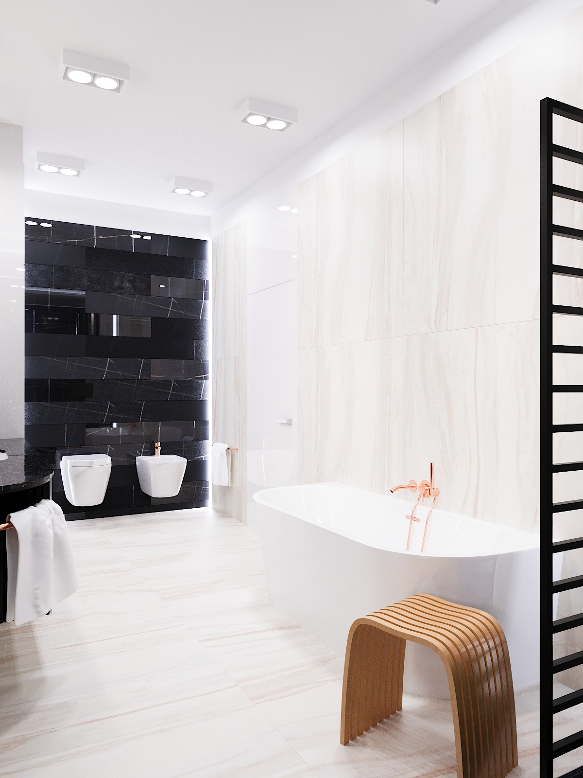 Nowoczesna łazienka z białymi i czarnymi płytkami imitującymi marmur, wolnostojąca wanna z miedzianą armaturą, drewniany taboret i podwieszane WC i bidet.