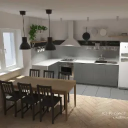 Wizualizacja kuchni z jadalnią w stylu skandynawskim: szare szafki kuchenne, biała lodówka retro, drewniany stół z czarnymi krzesłami, parkiet w jodełkę i czarne lampy wiszące.