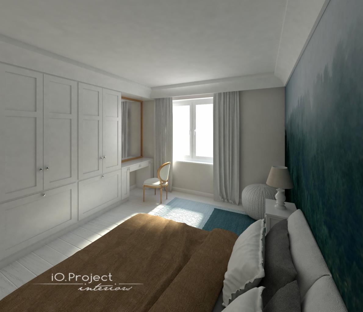 Wizualizacja sypialni z dużym białym wbudowanym szafą, toaletką przy oknie, łóżkiem z brązową narzutą i tapetą z motywem leśnym na jednej ścianie.