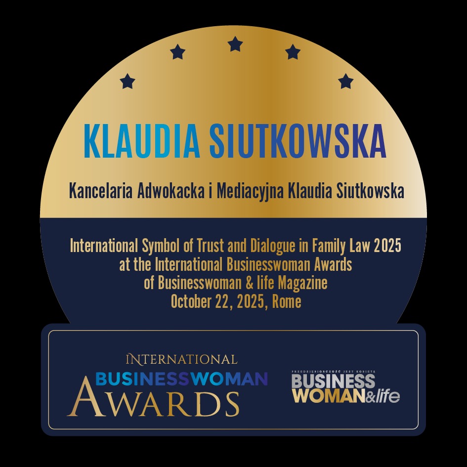 Nagroda dla Kancelarii Adwokackiej i Mediacyjnej Klaudii Siutkowskiej, International Businesswoman Awards, symbol zaufania i dialogu w prawie rodzinnym.