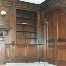 Elegancka biblioteczka z ciemnego drewna wbudowana w ścianę z boazerią, widoczny fragment kominka z marmurowym obramowaniem oraz ozdobny kinkiet.