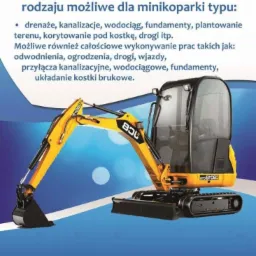 Grafika reklamowa przedstawiająca żółtą minikoparkę na niebieskim tle z listą usług, takich jak drenaże, fundamenty i układanie kostki brukowej, oraz numerem telefonu kontaktowego.