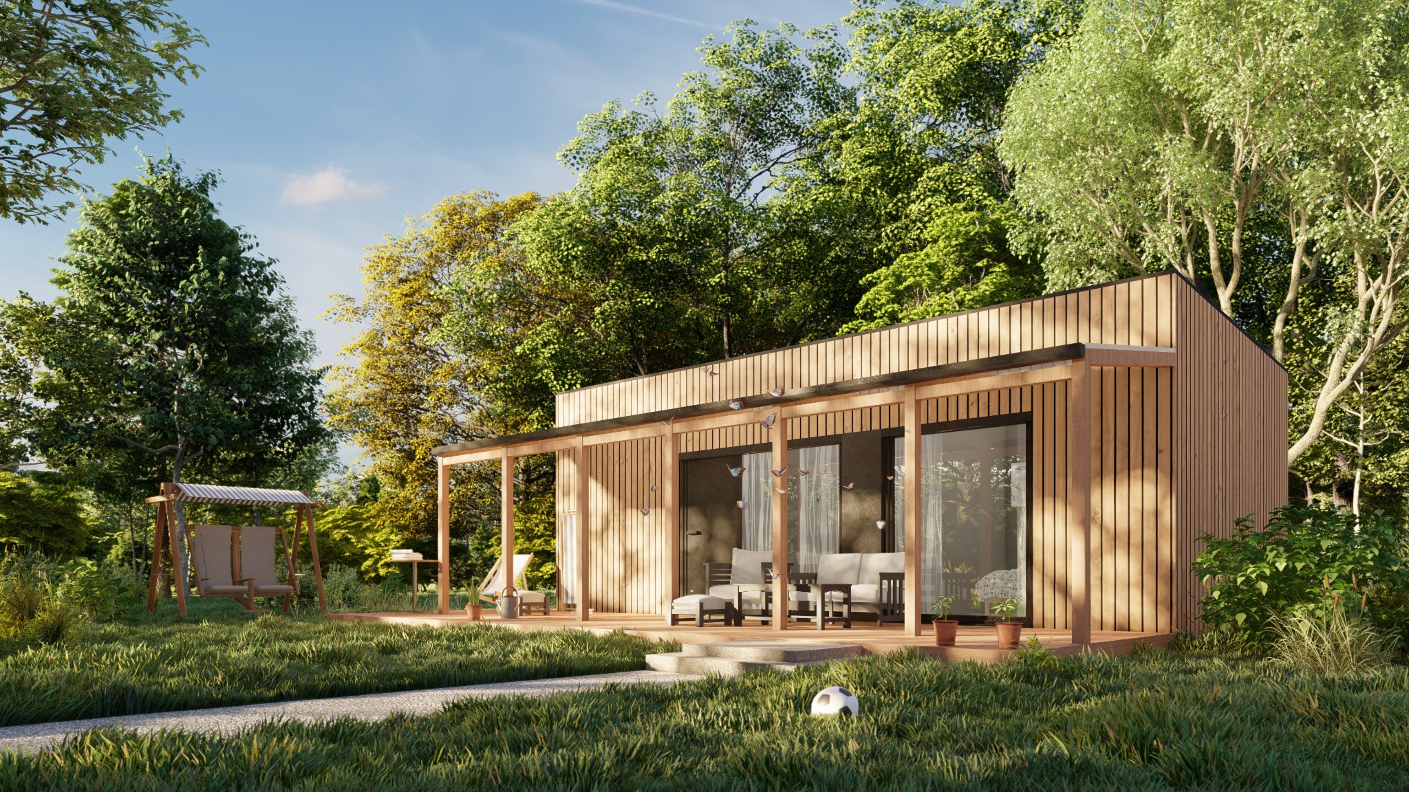 Wizualizacja nowoczesnego domu z drewnianą elewacją w Pułtusku, z przestronnym tarasem i huśtawką ogrodową w tle.