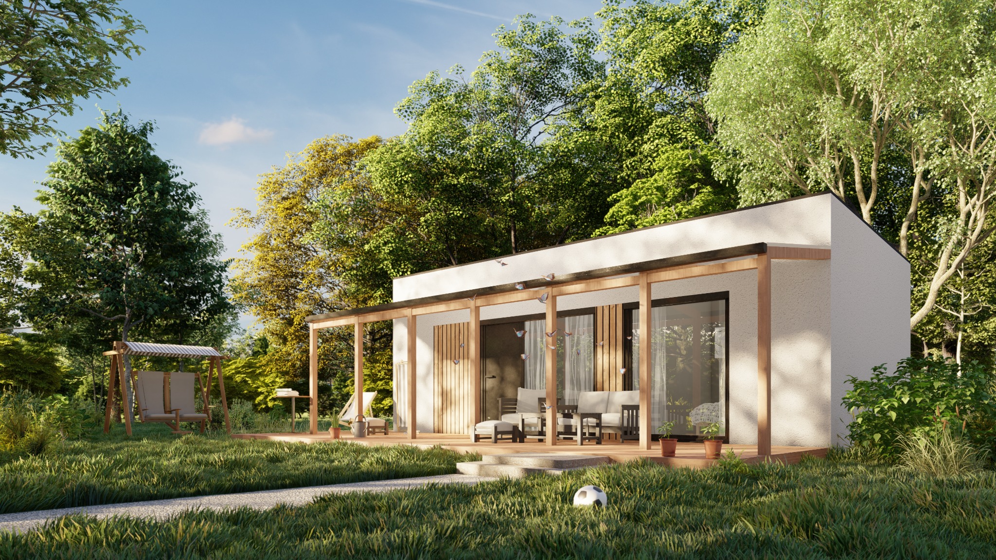 Nowoczesny parterowy dom z płaskim dachem i drewnianą pergolą, otoczony zielenią, z huśtawką ogrodową w tle i piłką do gry na trawniku.