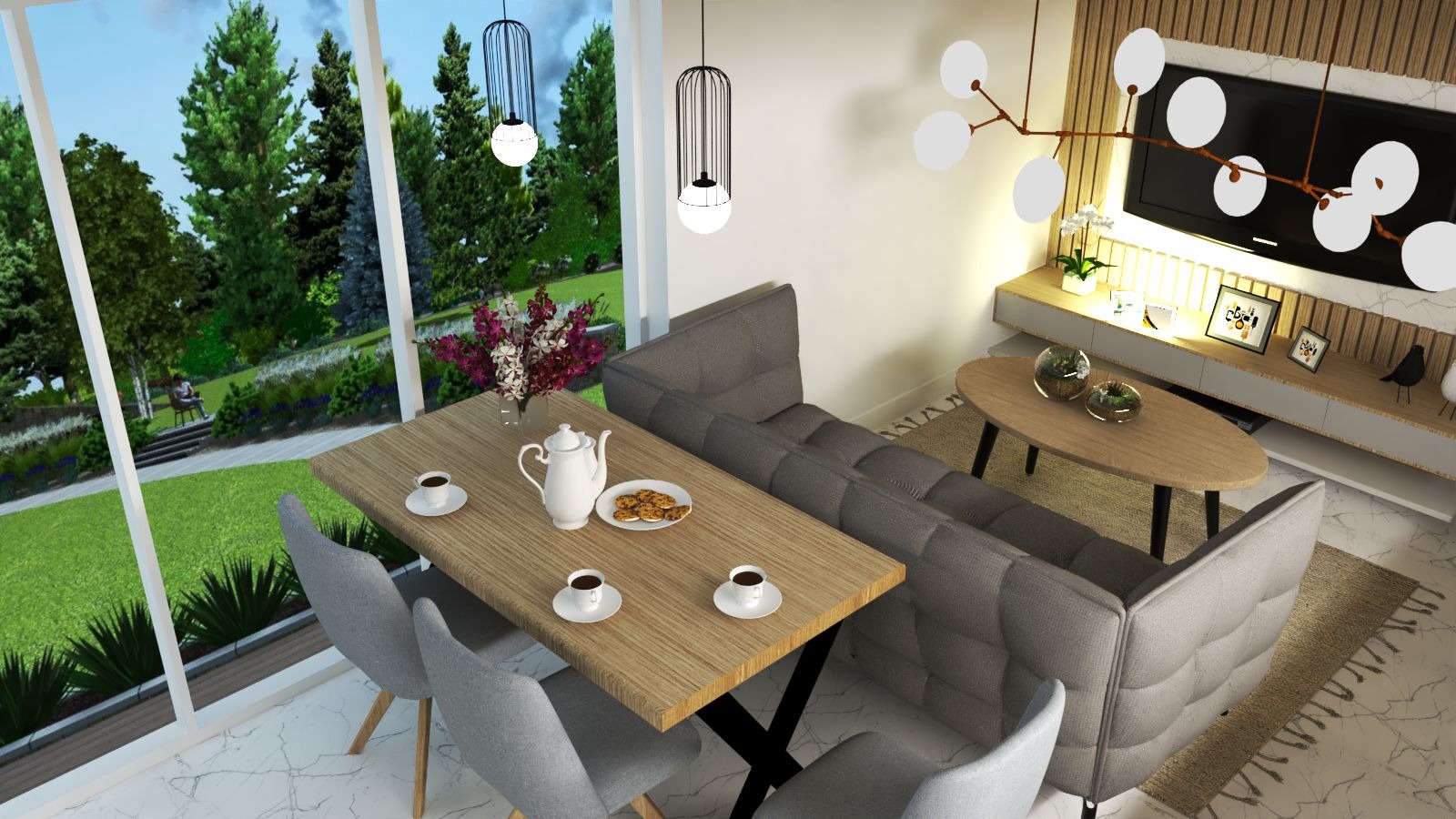 Wnętrze domu z dużym oknem na ogród, stół z zastawą, szara sofa i nowoczesne oświetlenie.