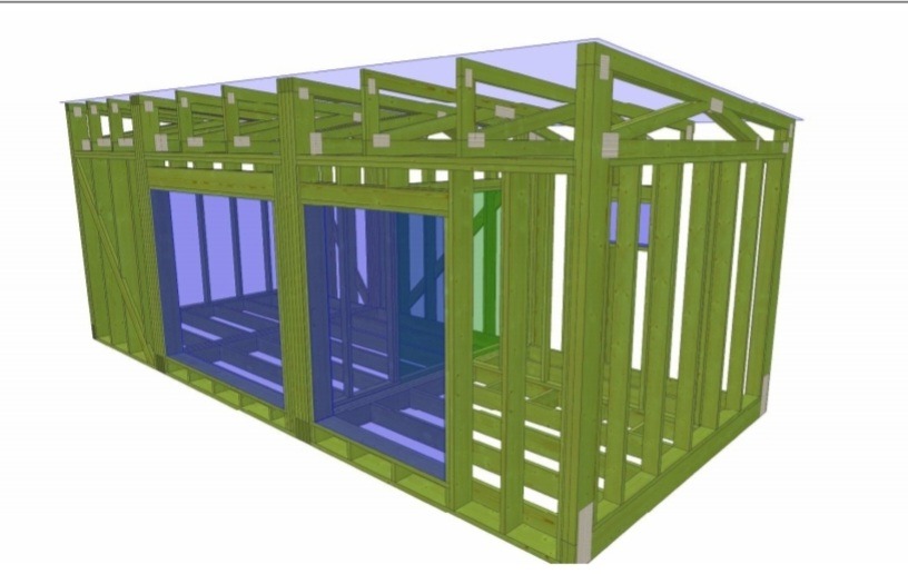 Wizualizacja 3D ramy konstrukcyjnej budynku z belek drewnianych, z zaznaczonymi otworami okiennymi i drzwiami, ukazująca szkielet nośny.