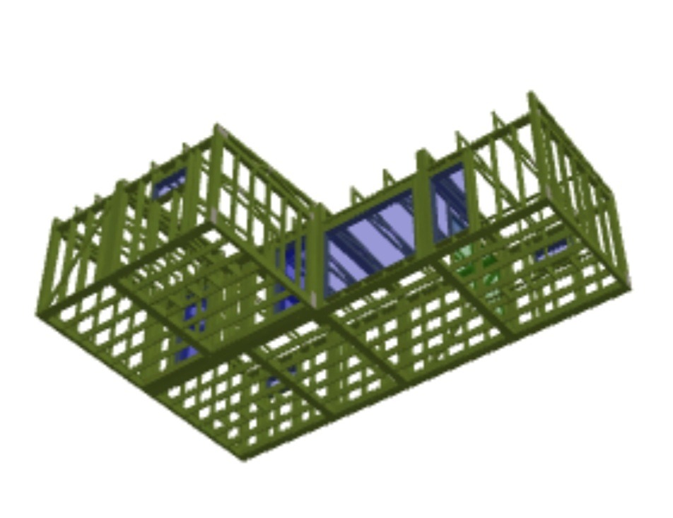 Wizualizacja 3D konstrukcji szkieletowej domu z widocznym układem belek podłogowych i ścian zewnętrznych.