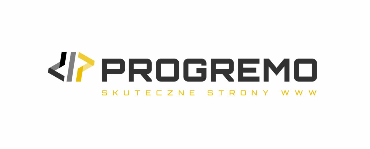 Logo firmy PROGREMO z symbolem kodu HTML w kolorach czarnym, szarym i żółtym, pod napisem slogan 'SKUTECZNE STRONY WWW' na białym tle.