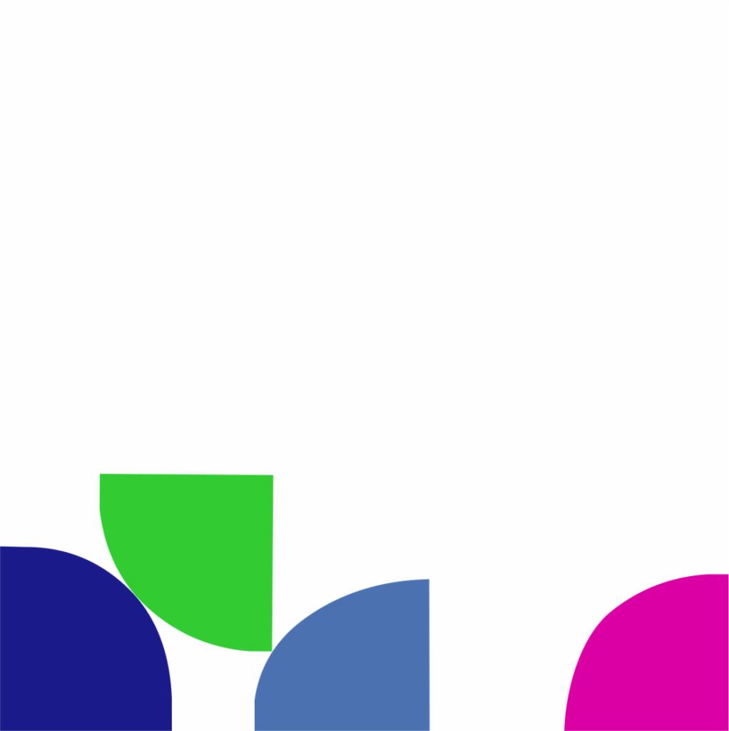 Abstrakcyjna kompozycja z kolorowych półokręgów: granatowy, zielony, błękitny i różowy, ułożonych w dolnej części kadru na białym tle.