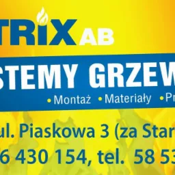 Reklama firmy Metrix AB z Tczewa, oferującej systemy grzewcze, montaż, materiały i projektowanie, z podanym adresem i numerami telefonów.