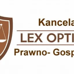 Logo Kancelarii Prawno-Gospodarczej LEX OPTIMUM z symbolem wagi sprawiedliwości umieszczonym w brązowej tarczy.
