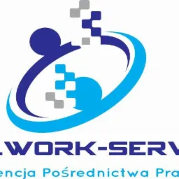 Logo firmy Polwork-Service, agencji pośrednictwa pracy, z abstrakcyjnym motywem graficznym w kolorach niebieskim i szarym.