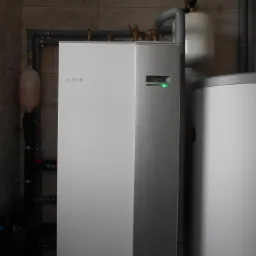 Biała pompa ciepła Nibe z zieloną diodą kontrolną, podłączona do instalacji hydraulicznej z manometrem i zbiornikiem wyrównawczym w pomieszczeniu z płytkami.