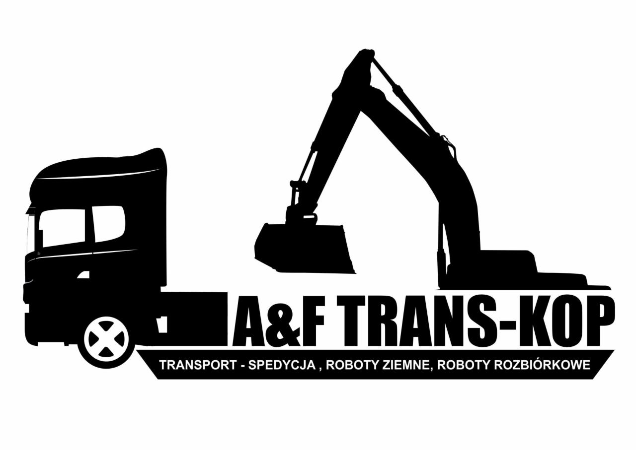 Czarno-białe logo firmy A&F TRANS-KOP z sylwetką ciężarówki i koparki, oferującej transport, spedycję, roboty ziemne i rozbiórkowe.