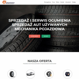 Netmedio - Strona internetowa firmy autouniverse.pl z ofertą sprzedaży i serwisu ogumienia, sprzedaży aut używanych i mechaniki pojazdowej, z widocznymi oponami w tle.