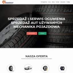 Strona internetowa firmy autouniverse.pl z ofertą sprzedaży i serwisu ogumienia, sprzedaży aut używanych i mechaniki pojazdowej, z widocznymi oponami w tle.