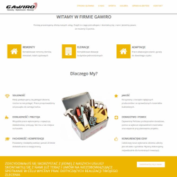 Netmedio - Strona internetowa firmy budowlanej Gawiro, prezentująca ofertę remontów, elewacji i adaptacji, z logo firmy w lewym górnym rogu i otwartą metalową skrzynką z narzędziami w centrum.