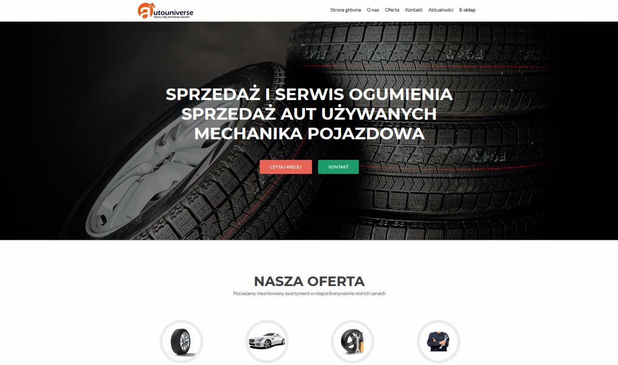 Strona internetowa firmy autouniverse.pl z ofertą sprzedaży i serwisu ogumienia, sprzedaży aut używanych i mechaniki pojazdowej, z widocznymi oponami w tle.