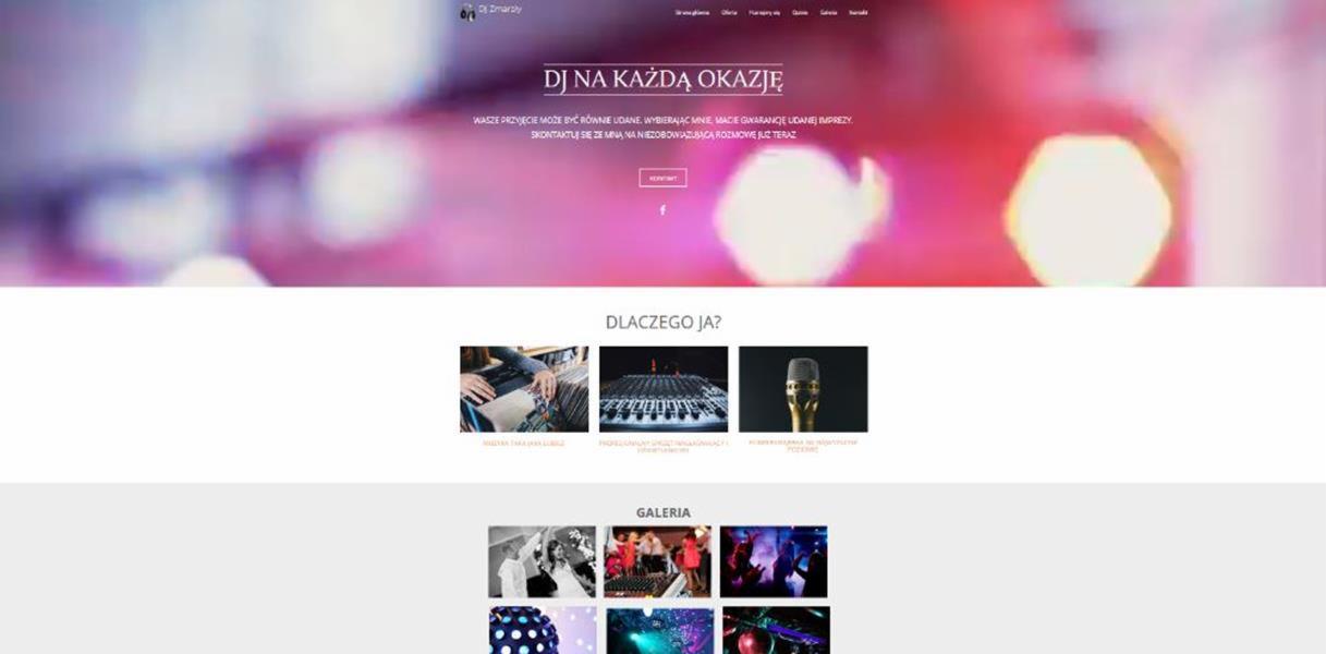 Strona internetowa DJ-a z nagłówkiem 'DJ na każdą okazję', pod spodem zdjęcia z mikserem, mikrofonem i galerią zdjęć z imprez.