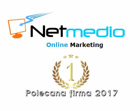 Logo firmy Netmedio Online Marketing z symbolem monitora, strzałkami, napisem 'Polecana firma 2017' i złotym laurem z cyfrą 1 oraz trzema gwiazdkami.