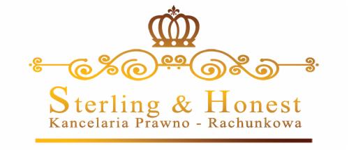 Złote logo 'Sterling & Honest', kancelaria prawno-rachunkowa z koroną i ozdobnymi zawijasami na białym tle.