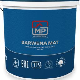 MajsterPol Barwena Mat ( farba wewnętrzna 12 kg, tworzy na malowanym podłożu białą lub barwną, matową powłokę o odporną na ścieranie., cena zależy od koloru, podana jest cena koloru wyjściowego- białego) 65 zł brutto )