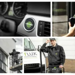 Kolaż zdjęć prezentujących różne usługi czyszczenia: wnętrze samochodu, mycie okien z rusztowania, pracownik firmy czyszczącej, mycie parowe okien i podłóg.