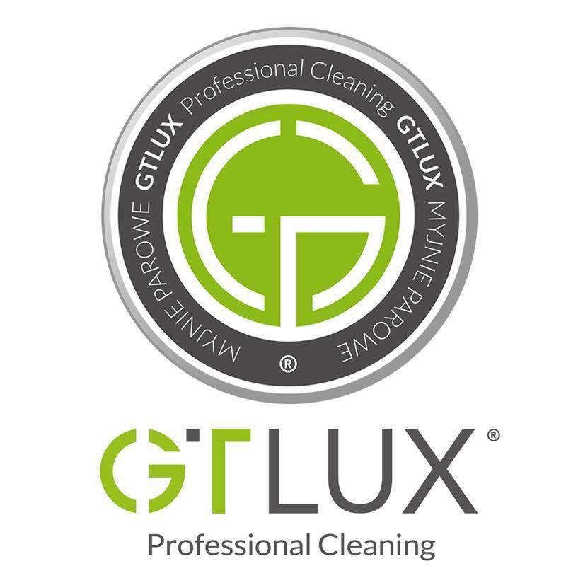 Logo firmy GTLUX Professional Cleaning z zielonym symbolem w okręgu i szarym napisem 'MYJNIE PAROWE'