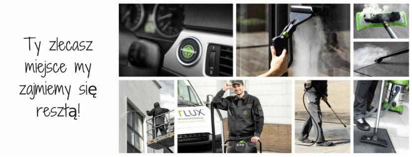 Kolaż zdjęć prezentujących różne usługi czyszczenia: wnętrze samochodu, mycie okien z rusztowania, pracownik firmy czyszczącej, mycie parowe okien i podłóg.