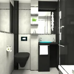 Nowoczesna łazienka z czarną armaturą i szklaną kabiną prysznicową, jasne płytki, wisząca toaleta, niebieska umywalka i dekoracyjne półki z roślinami.