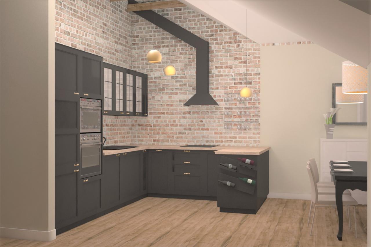 Wizualizacja kuchni w stylu loft z ceglaną ścianą, ciemnymi szafkami, drewnianym blatem i czarnym okapem, oświetlona trzema kulistymi lampami, z półką na wino na końcu blatu.