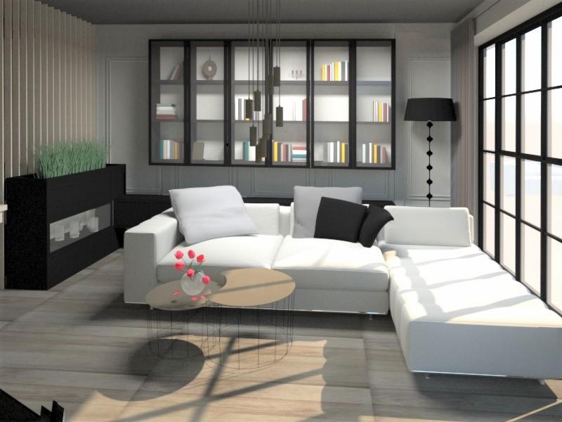 Jasne wnętrze salonu z dużą, narożną sofą, niskim stolikiem kawowym z kwiatami i regałem bibliotecznym w tle, oświetlone światłem wpadającym przez okno z czarną ramą.