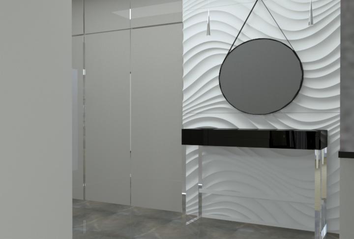 Nowoczesna aranżacja przedpokoju z konsolą z przezroczystymi nogami, czarnym blatem, okrągłym lustrem na pasku i dekoracyjną ścianą z falistym wzorem.