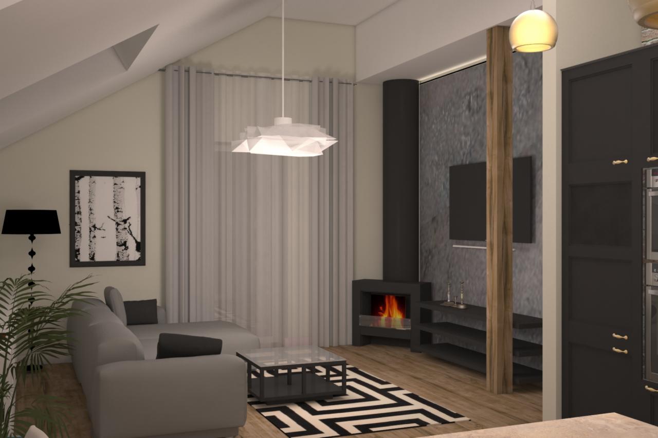 Wizualizacja salonu w skandynawskim stylu z szarą sofą narożną, kominkiem, telewizorem na ścianie z teksturą betonu i geometrycznym dywanem w czarno-białe zygzaki.