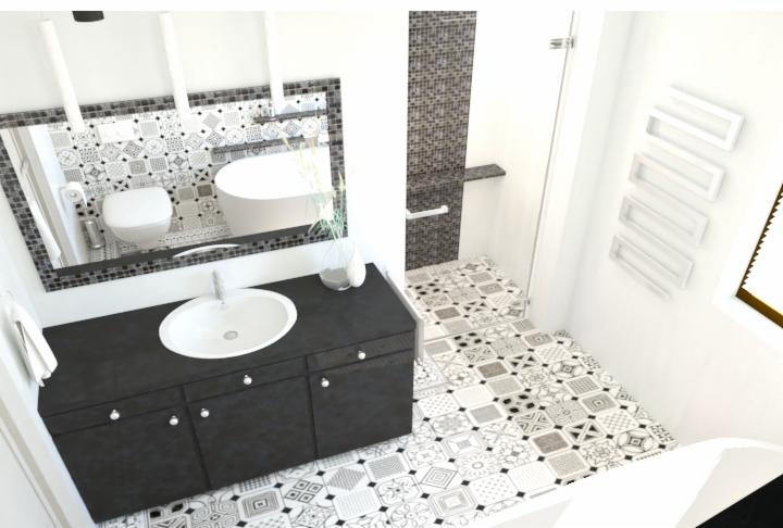 Wizualizacja łazienki z czarną szafką pod umywalką, wzorzystą podłogą i lustrem odbijającym toaletę i wannę