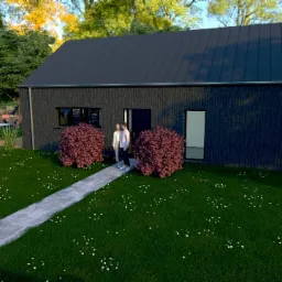 Wizualizacja domu szkieletowego z ciemną elewacją, ścieżką z kostki brukowej prowadzącą do wejścia, z parą osób stojących w drzwiach oraz basenem w tle.