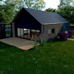 Wizualizacja nowoczesnego domu z ciemną elewacją i dużymi oknami, przylegający taras z jasnego drewna, zieleń trawnika i ozdobne krzewy, w tle zaparkowany niebieski samochód.