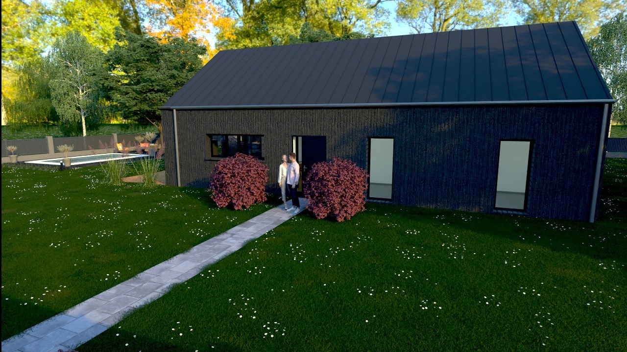 Wizualizacja domu szkieletowego z ciemną elewacją, ścieżką z kostki brukowej prowadzącą do wejścia, z parą osób stojących w drzwiach oraz basenem w tle.