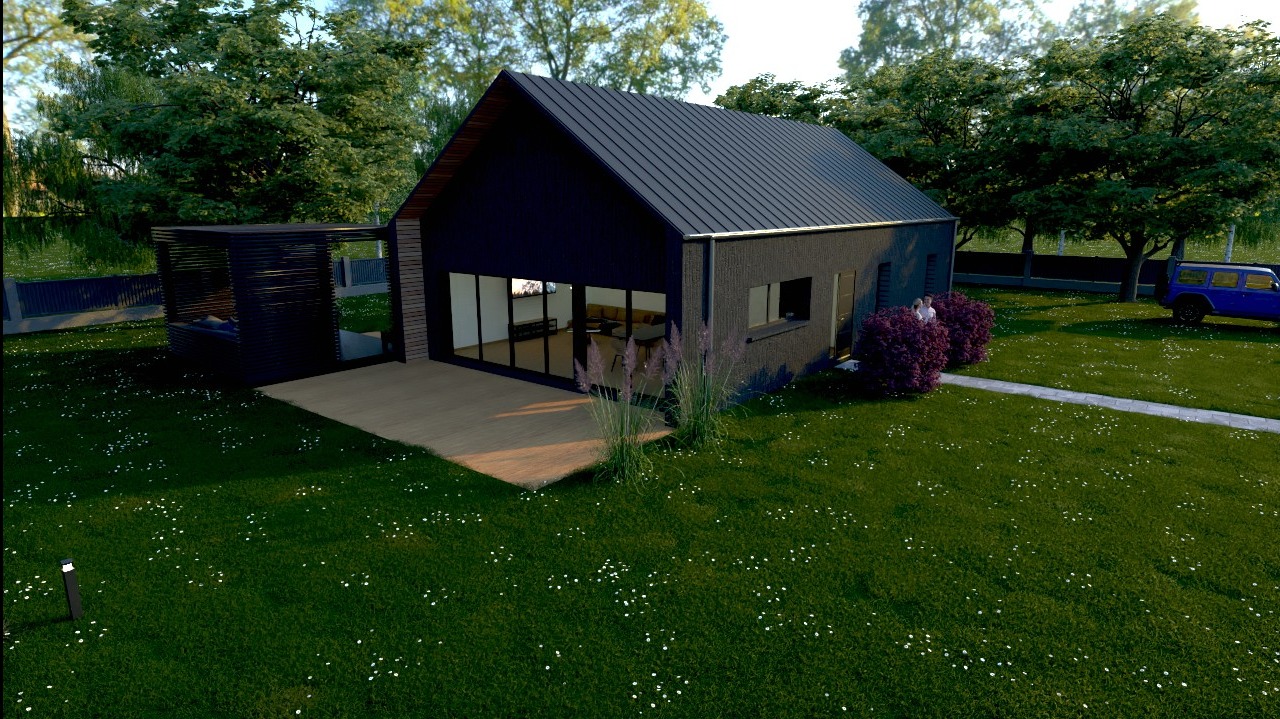 Wizualizacja nowoczesnego domu z ciemną elewacją i dużymi oknami, przylegający taras z jasnego drewna, zieleń trawnika i ozdobne krzewy, w tle zaparkowany niebieski samochód.