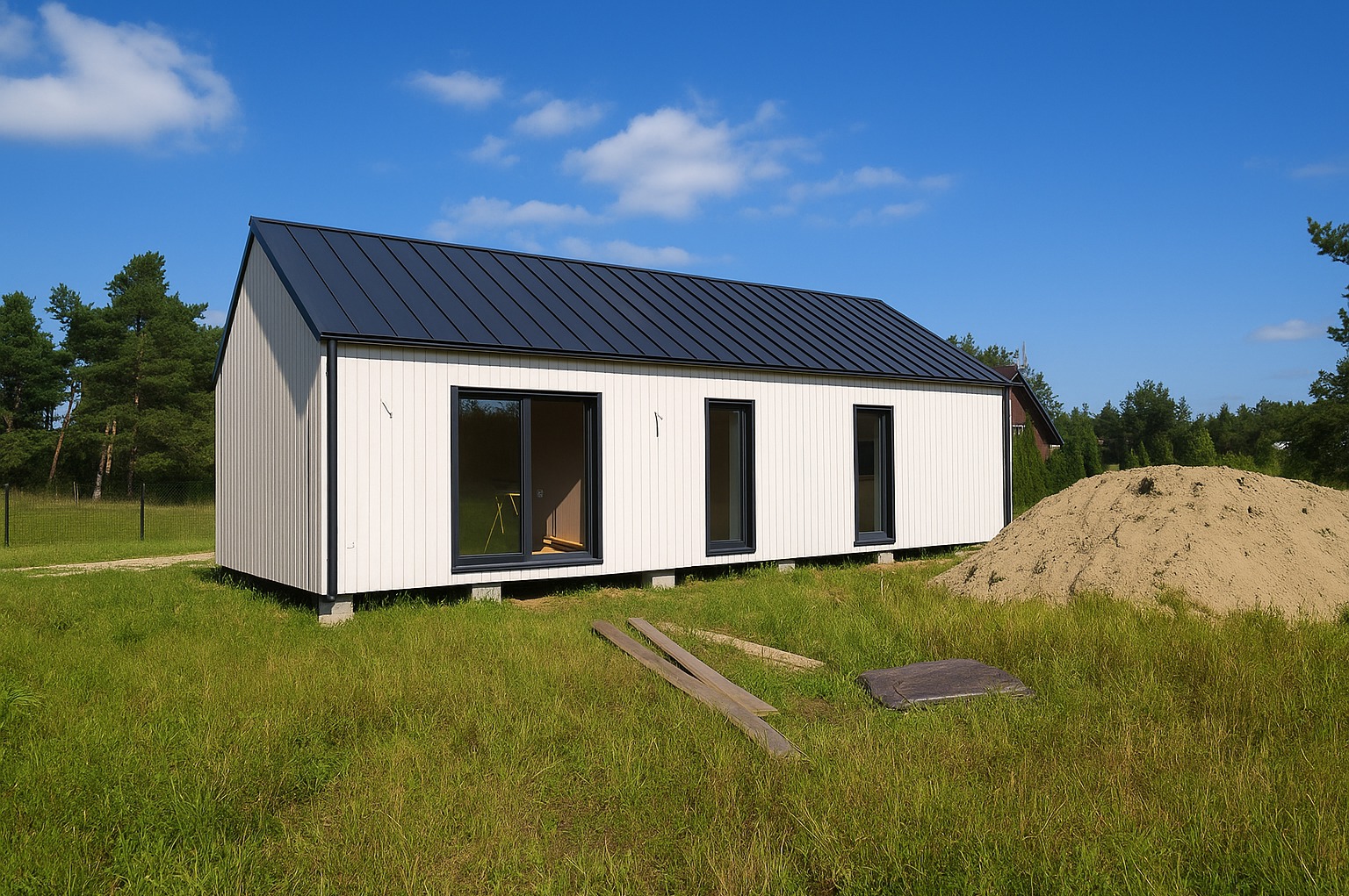 Nowoczesny, parterowy dom modułowy z białymi ścianami i ciemnym dachem na zielonej działce. Widoczne okna i drzwi, obok sterta piasku. Słoneczny dzień.
