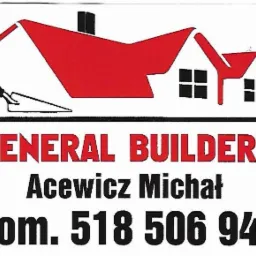 Logo firmy budowlanej: schematyczny czerwony dom z czarnym kominem, kielnia, napis 'GENERAL BUILDERS Acewicz Michał' i numer telefonu.
