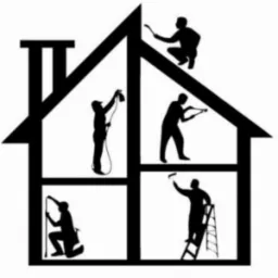 Czarno-biała grafika przedstawia sylwetki osób wykonujących różne prace remontowe wewnątrz obrysu domu, w tym malowanie, szpachlowanie i prace wykończeniowe.