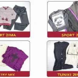 Zestawienie odzieży: dresy sportowe, bluzy z nadrukiem, swetry z aplikacjami i tuniki zimowe prezentowane na białym tle z czerwonymi obramowaniami.