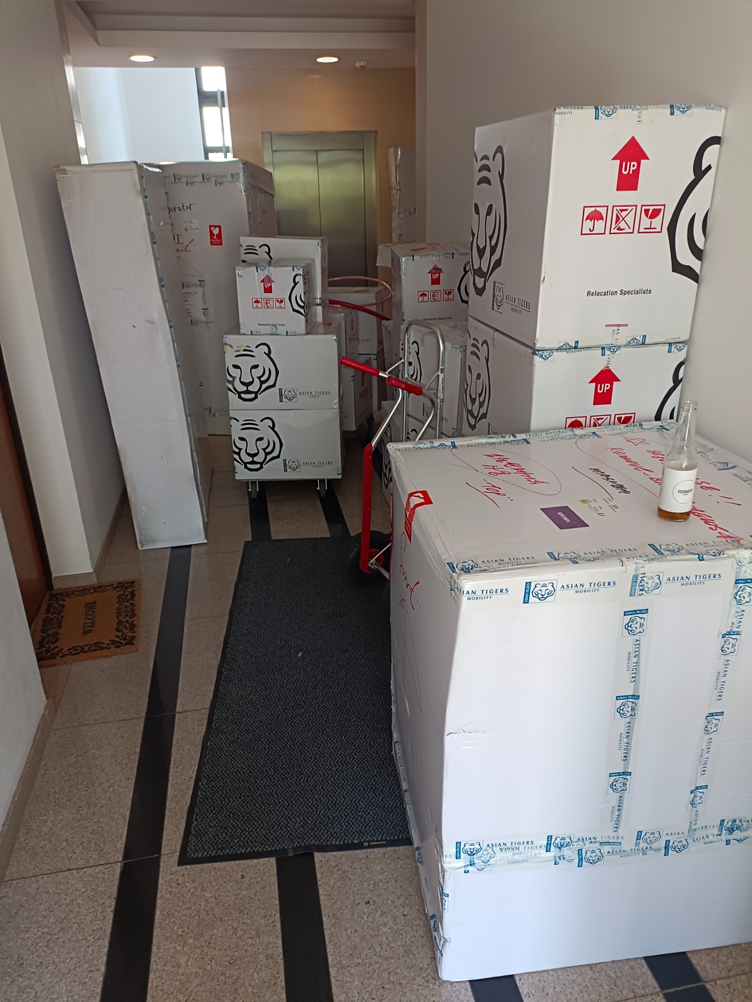 Korytarz w Warszawie zastawiony kartonami z logo firmy przeprowadzkowej Asian Tigers, przygotowanymi do transportu. Na jednym z kartonów stoi butelka Yerba Mate.