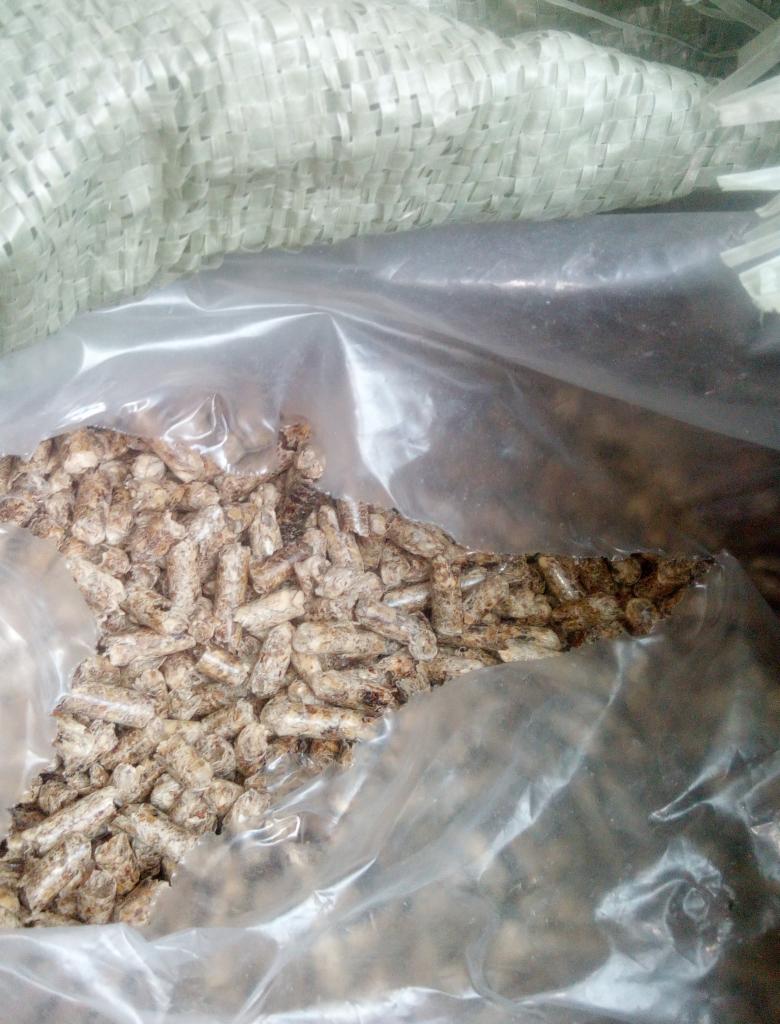 Jasny pellet drzewny w przezroczystym worku foliowym, widoczny fragment worka jutowego w tle.