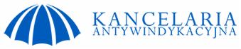 Logo kancelarii antywindykacyjnej z symbolem parasola w odcieniach niebieskiego.